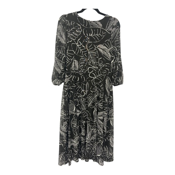 Joseph Ribkoff Surplice Wrap Midi Dress Black and White Palm Tropical Print 10 - Picture 2 of 13